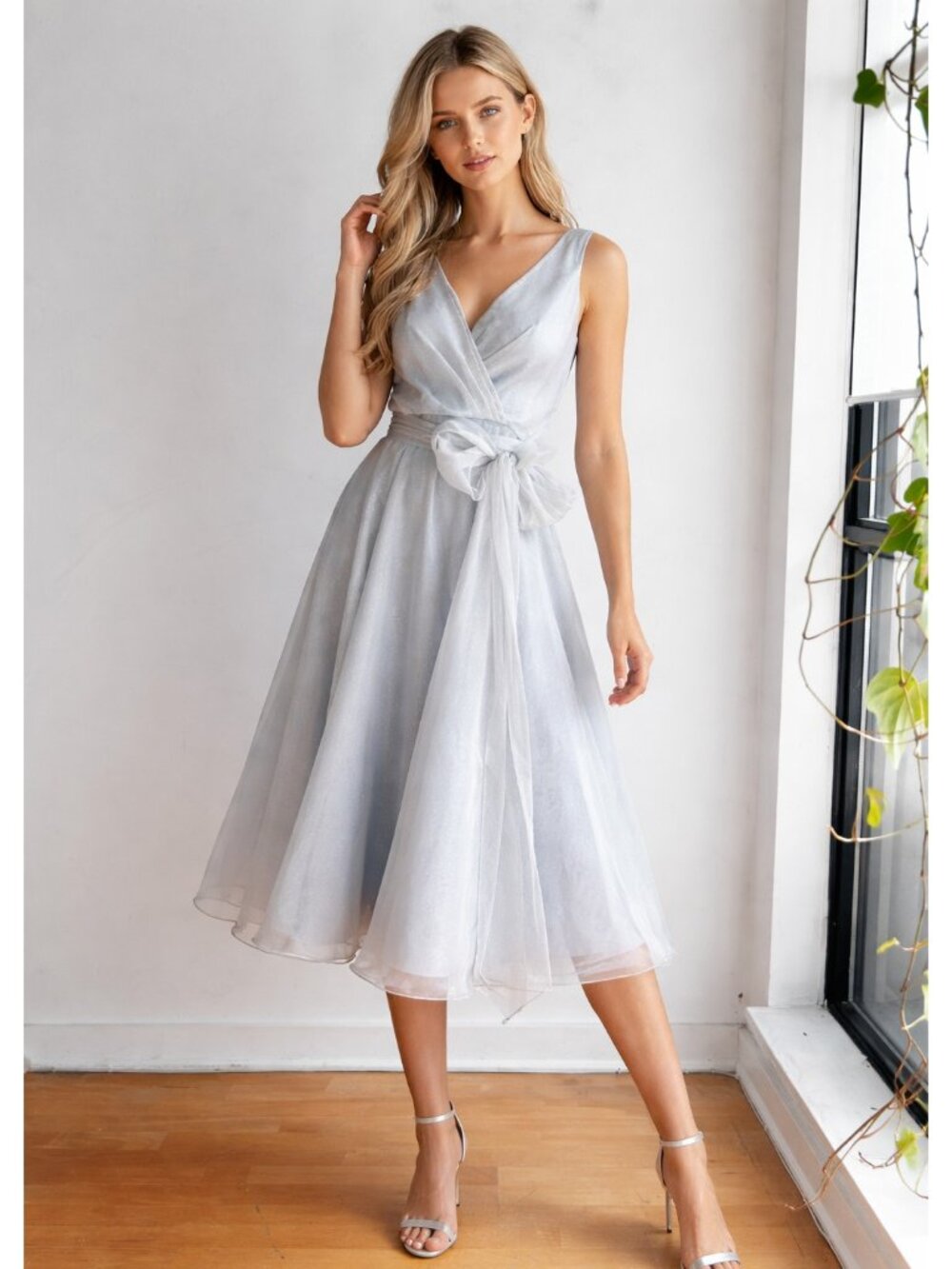 Frascara Light Blue Chiffon Wrap Dress Midi A-Line Sleeveless Formal Party 10